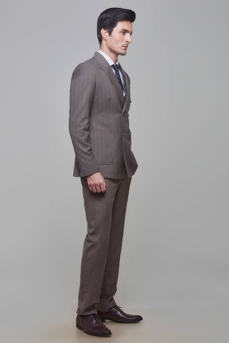 Shop_Sven Suits_Grey Wool, Cotton Pinstripe Pattern Blazer And Pant Set _Online_at_Aza_Fashions