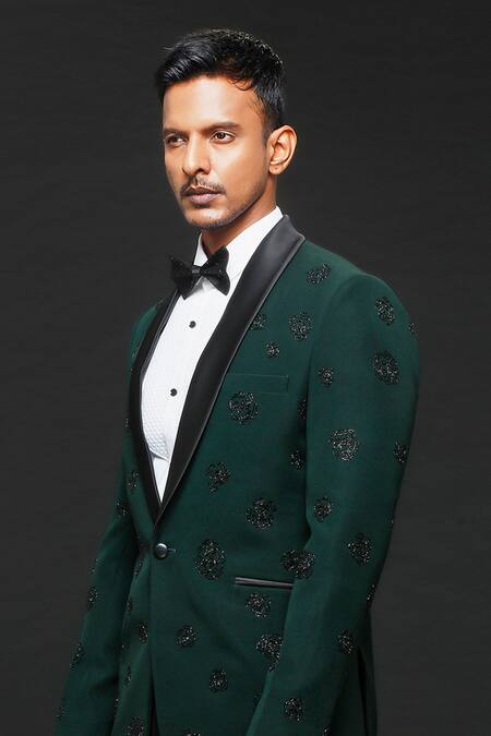 Sven Suits_Green Polyester Cut Work Rosette Embroidered Tuxedo Pant Set _Online_at_Aza_Fashions