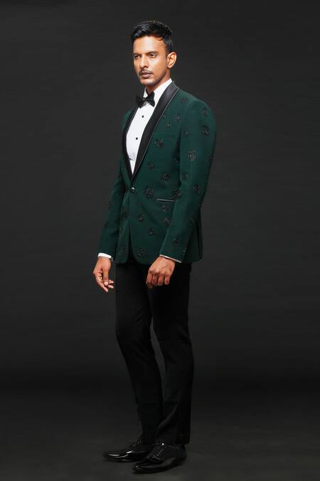 Shop_Sven Suits_Green Polyester Cut Work Rosette Embroidered Tuxedo Pant Set _Online_at_Aza_Fashions