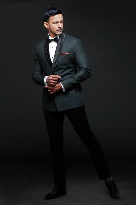 Sven Suits_Green Polyester, Satin Cut Work Embroidered Tuxedo Pant Set _Online_at_Aza_Fashions