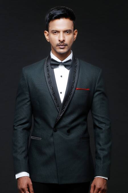 Buy_Sven Suits_Green Polyester, Satin Cut Work Embroidered Tuxedo Pant Set _Online_at_Aza_Fashions