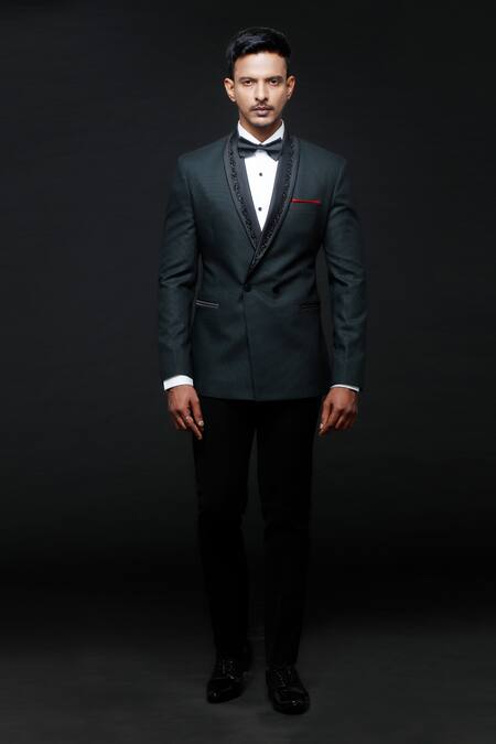 Sven Suits_Green Polyester, Satin Cut Work Embroidered Tuxedo Pant Set _at_Aza_Fashions