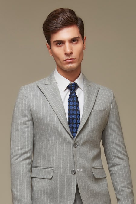 Sven Suits_Gray Polyester, Wool Grey Pinstripe Blazer And Pant Set _Online_at_Aza_Fashions