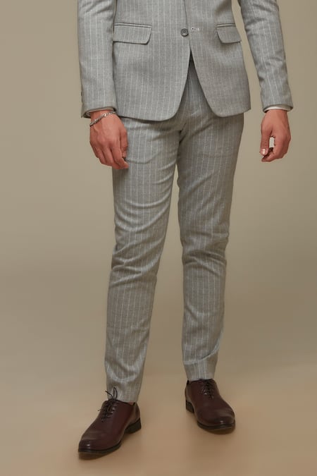 Buy_Sven Suits_Gray Polyester, Wool Grey Pinstripe Blazer And Pant Set _Online_at_Aza_Fashions