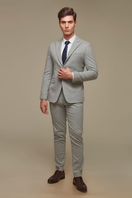 Shop_Sven Suits_Gray Polyester, Wool Grey Pinstripe Blazer And Pant Set _Online_at_Aza_Fashions