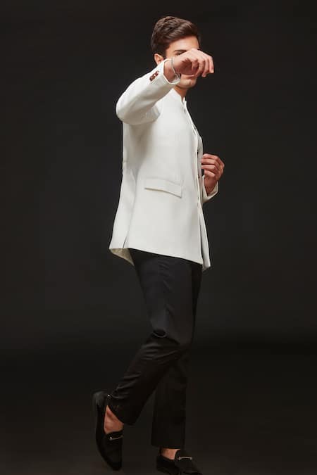 Shop Sven Suits White Polyester, Lycra Jodhpuri And Trouser Set at Aza Fashions Shop_Sven Suits_White Polyester, Lycra Jodhpuri And Trouser Set _at_Aza_Fashions