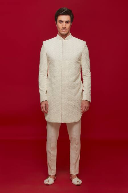 Shop Sven Suits Ivory Rayon Cut Work, Embroidery Diamond Sherwani With Pant at Aza Fashions Shop_Sven Suits_Ivory Rayon Cut Work, Embroidery Diamond Sherwani With Pant _at_Aza_Fashions