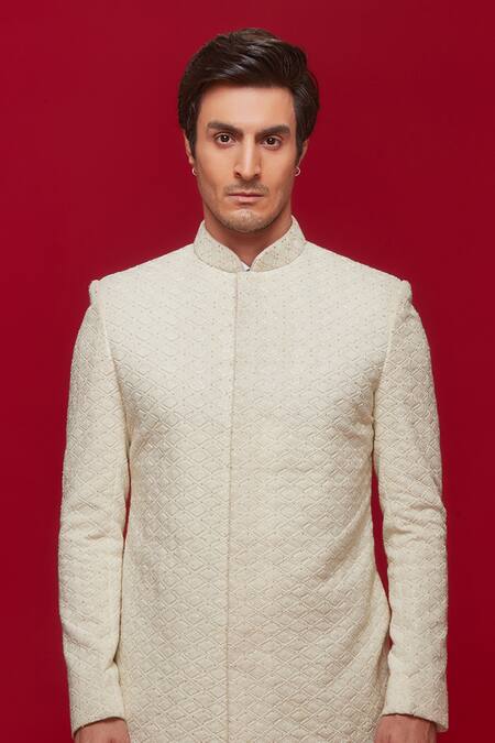Sven Suits Ivory Rayon Cut Work, Embroidery Diamond Sherwani With Pant Online at Aza Fashions Sven Suits_Ivory Rayon Cut Work, Embroidery Diamond Sherwani With Pant _Online_at_Aza_Fashions
