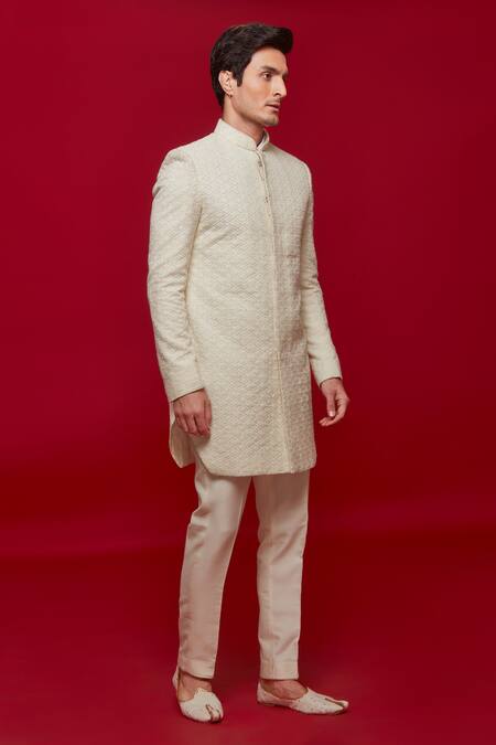 Shop Sven Suits Ivory Rayon Cut Work, Embroidery Diamond Sherwani With Pant Online at Aza Fashions Shop_Sven Suits_Ivory Rayon Cut Work, Embroidery Diamond Sherwani With Pant _Online_at_Aza_Fashions