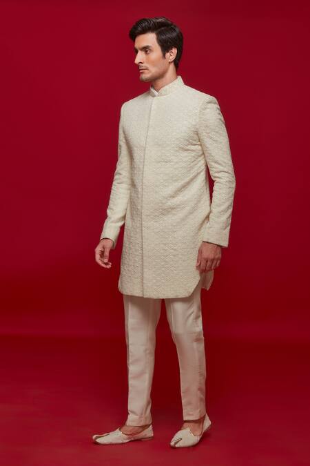 Sven Suits Ivory Rayon Cut Work, Embroidery Diamond Sherwani With Pant at Aza Fashions Sven Suits_Ivory Rayon Cut Work, Embroidery Diamond Sherwani With Pant _at_Aza_Fashions