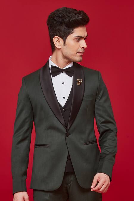 Sven Suits_Green Wool Milan Contrast Lapel Tuxedo And Pant Set _Online_at_Aza_Fashions