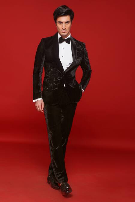 Shop Sven Suits Black Velvet Embroidery Bloomingdale Tuxedo Pant Set at Aza Fashions Shop_Sven Suits_Black Velvet Embroidery Bloomingdale Tuxedo Pant Set _at_Aza_Fashions