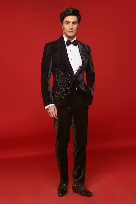 Shop Sven Suits Black Velvet Embroidery Bloomingdale Tuxedo Pant Set Online at Aza Fashions Shop_Sven Suits_Black Velvet Embroidery Bloomingdale Tuxedo Pant Set _Online_at_Aza_Fashions