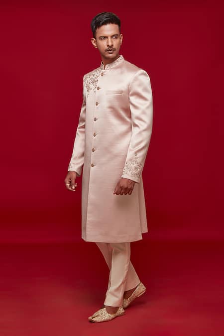 Shop Sven Suits Pink Faux Leather, Silk Cut Placement Floral Embroidered Sherwani With Pant at Aza Fashions Shop_Sven Suits_Pink Faux Leather, Silk Cut Placement Floral Embroidered Sherwani With Pant _at_Aza_Fashions