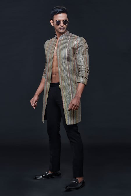 Shop Sven Suits Blue Georgette Zari, Sequins Pinstripe Embroidered Sherwani With Pant at Aza Fashions Shop_Sven Suits_Blue Georgette Zari, Sequins Pinstripe Embroidered Sherwani With Pant _at_Aza_Fashions