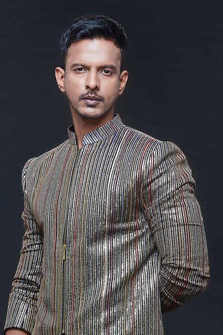 Sven Suits Blue Georgette Zari, Sequins Pinstripe Embroidered Sherwani With Pant Online at Aza Fashions Sven Suits_Blue Georgette Zari, Sequins Pinstripe Embroidered Sherwani With Pant _Online_at_Aza_Fashions