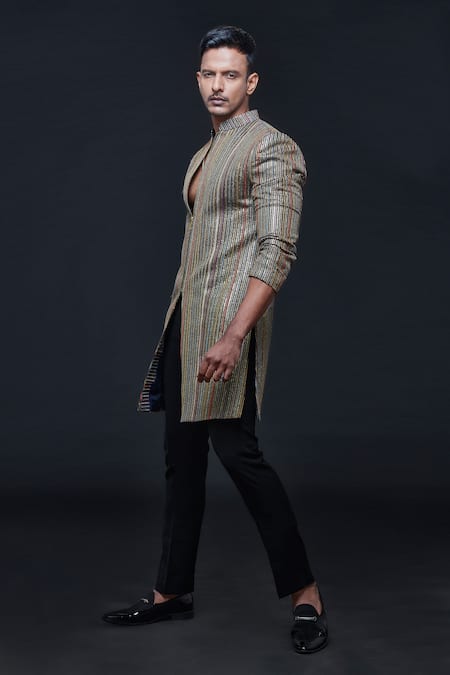 Shop Sven Suits Blue Georgette Zari, Sequins Pinstripe Embroidered Sherwani With Pant Online at Aza Fashions Shop_Sven Suits_Blue Georgette Zari, Sequins Pinstripe Embroidered Sherwani With Pant _Online_at_Aza_Fashions