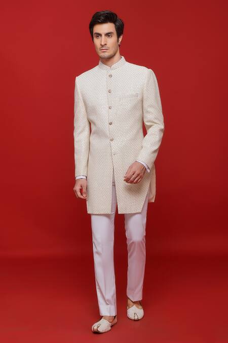 Shop Sven Suits Ivory Georgette Sequins Diamond Jaal Embroidered Sherwani With Pant at Aza Fashions Shop_Sven Suits_Ivory Georgette Sequins Diamond Jaal Embroidered Sherwani With Pant _at_Aza_Fashions