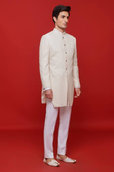 Sven Suits Ivory Georgette Sequins Diamond Jaal Embroidered Sherwani With Pant Online at Aza Fashions Sven Suits_Ivory Georgette Sequins Diamond Jaal Embroidered Sherwani With Pant _Online_at_Aza_Fashions
