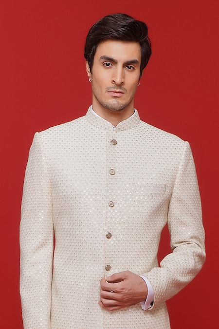 Shop Sven Suits Ivory Georgette Sequins Diamond Jaal Embroidered Sherwani With Pant Online at Aza Fashions Shop_Sven Suits_Ivory Georgette Sequins Diamond Jaal Embroidered Sherwani With Pant _Online_at_Aza_Fashions