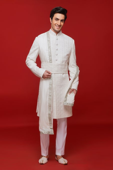 Shop Sven Suits White Silk Sequins, Embroidery Geometric Sherwani And Pant Set at Aza Fashions Shop_Sven Suits_White Silk Sequins, Embroidery Geometric Sherwani And Pant Set _at_Aza_Fashions