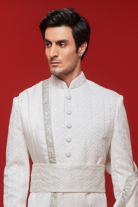 Sven Suits White Silk Sequins, Embroidery Geometric Sherwani And Pant Set Online at Aza Fashions Sven Suits_White Silk Sequins, Embroidery Geometric Sherwani And Pant Set _Online_at_Aza_Fashions