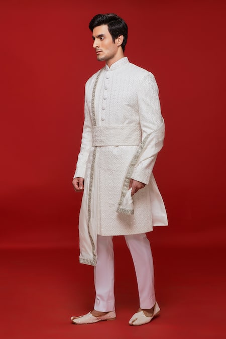 Shop Sven Suits White Silk Sequins, Embroidery Geometric Sherwani And Pant Set Online at Aza Fashions Shop_Sven Suits_White Silk Sequins, Embroidery Geometric Sherwani And Pant Set _Online_at_Aza_Fashions