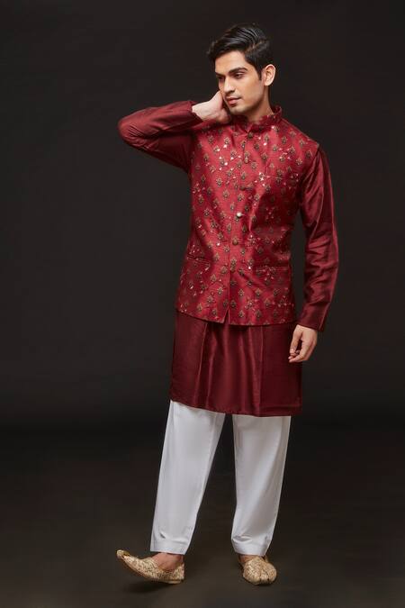 Shop Sven Suits Red Silk Embroidery Floral Motif Bundi Kurta Set Online at Aza Fashions Shop_Sven Suits_Red Silk Embroidery Floral Motif Bundi Kurta Set _Online_at_Aza_Fashions
