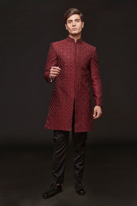 Sven suits Abstract Geometric Embroidered Sherwani With Pant 