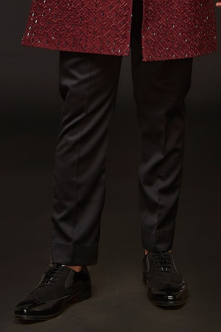 Sven Suits_Red Silk Embroidery Abstract Geometric Sherwani With Pant _Online_at_Aza_Fashions