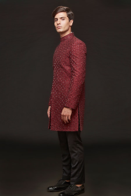 Buy_Sven Suits_Red Silk Embroidery Abstract Geometric Sherwani With Pant _Online_at_Aza_Fashions
