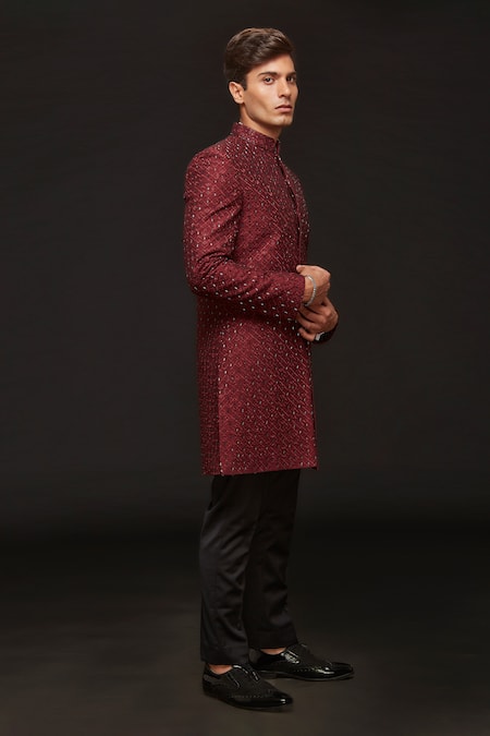 Shop_Sven Suits_Red Silk Embroidery Abstract Geometric Sherwani With Pant _Online_at_Aza_Fashions