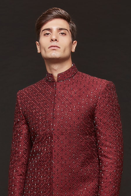 Sven Suits_Red Silk Embroidery Abstract Geometric Sherwani With Pant _at_Aza_Fashions