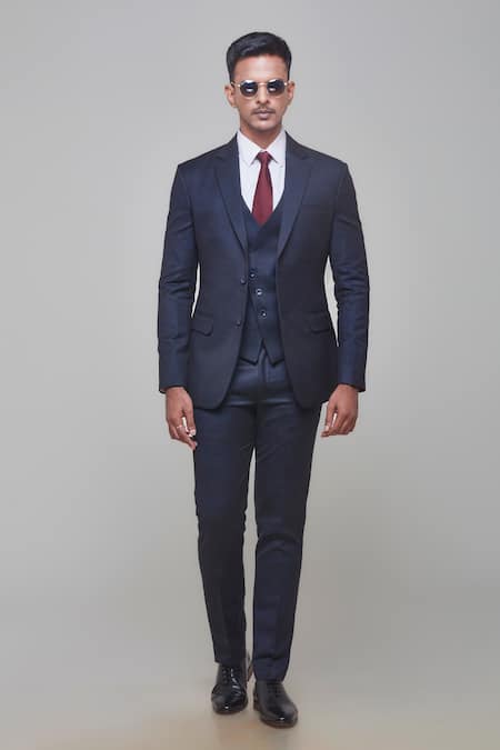 Shop Sven Suits Blue Polyester Tonal Chequered Pattern Tuxedo Pant Set at Aza Fashions Shop_Sven Suits_Blue Polyester Tonal Chequered Pattern Tuxedo Pant Set _at_Aza_Fashions