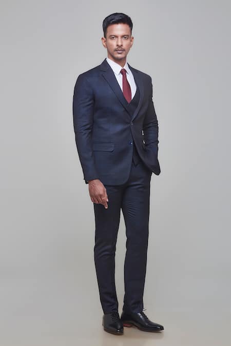 Sven Suits Blue Polyester Tonal Chequered Pattern Tuxedo Pant Set Online at Aza Fashions Sven Suits_Blue Polyester Tonal Chequered Pattern Tuxedo Pant Set _Online_at_Aza_Fashions