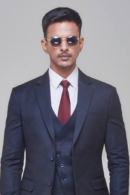 Shop Sven Suits Blue Polyester Tonal Chequered Pattern Tuxedo Pant Set Online at Aza Fashions Shop_Sven Suits_Blue Polyester Tonal Chequered Pattern Tuxedo Pant Set _Online_at_Aza_Fashions