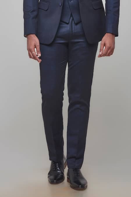 Sven Suits Blue Polyester Tonal Chequered Pattern Tuxedo Pant Set at Aza Fashions Sven Suits_Blue Polyester Tonal Chequered Pattern Tuxedo Pant Set _at_Aza_Fashions