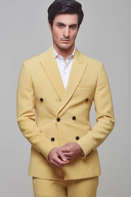 Shop Sven Suits Yellow Polyester Double Breasted Tuxedo Set Online at Aza Fashions Shop_Sven Suits_Yellow Polyester Double Breasted Tuxedo Set _Online_at_Aza_Fashions