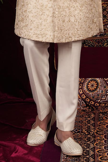 Sven Suits Beige Silk Embroidery, Zari Floral Bloom Sherwani And Pant Set Online at Aza Fashions Sven Suits_Beige Silk Embroidery, Zari Floral Bloom Sherwani And Pant Set _Online_at_Aza_Fashions