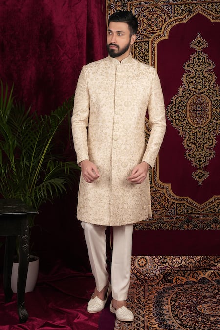 Buy Sven Suits Beige Silk Embroidery, Zari Floral Bloom Sherwani And Pant Set Online at Aza Fashions Buy_Sven Suits_Beige Silk Embroidery, Zari Floral Bloom Sherwani And Pant Set _Online_at_Aza_Fashions