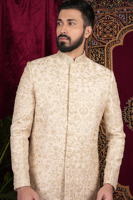 Shop Sven Suits Beige Silk Embroidery, Zari Floral Bloom Sherwani And Pant Set Online at Aza Fashions Shop_Sven Suits_Beige Silk Embroidery, Zari Floral Bloom Sherwani And Pant Set _Online_at_Aza_Fashions