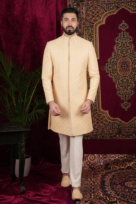 Sven Suits Gold Silk Embroidery, Cut Work Sherwani And Pant Set Online at Aza Fashions Sven Suits_Gold Silk Embroidery, Cut Work Sherwani And Pant Set _Online_at_Aza_Fashions