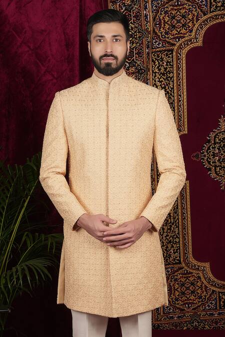 Buy Sven Suits Gold Silk Embroidery, Cut Work Sherwani And Pant Set Online at Aza Fashions Buy_Sven Suits_Gold Silk Embroidery, Cut Work Sherwani And Pant Set _Online_at_Aza_Fashions