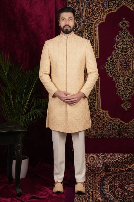 Shop Sven Suits Gold Silk Embroidery, Cut Work Sherwani And Pant Set Online at Aza Fashions Shop_Sven Suits_Gold Silk Embroidery, Cut Work Sherwani And Pant Set _Online_at_Aza_Fashions