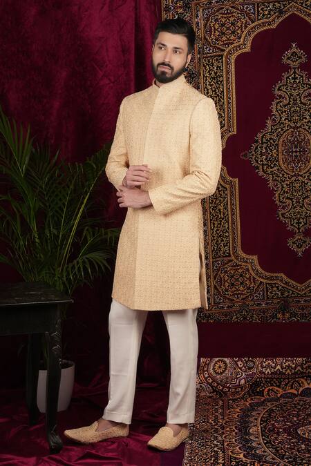 Sven Suits Gold Silk Embroidery, Cut Work Sherwani And Pant Set at Aza Fashions Sven Suits_Gold Silk Embroidery, Cut Work Sherwani And Pant Set _at_Aza_Fashions