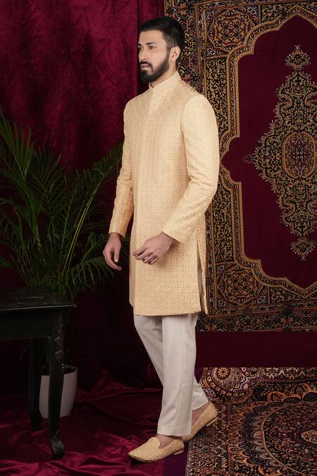 Buy Sven Suits Gold Silk Embroidery, Cut Work Sherwani And Pant Set Buy_Sven Suits_Gold Silk Embroidery, Cut Work Sherwani And Pant Set