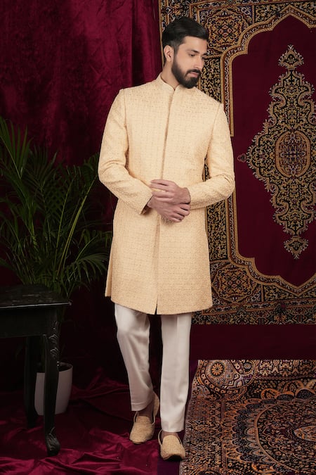 Sven suits Gold Silk Hand Embroidery Geometric Sherwani And Pant Set 