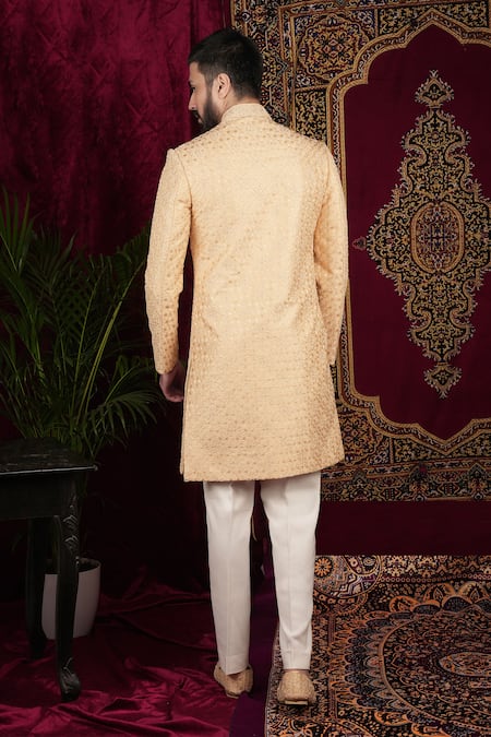 Shop Sven Suits Gold Silk Embroidery, Cut Work Sherwani And Pant Set at Aza Fashions Shop_Sven Suits_Gold Silk Embroidery, Cut Work Sherwani And Pant Set _at_Aza_Fashions