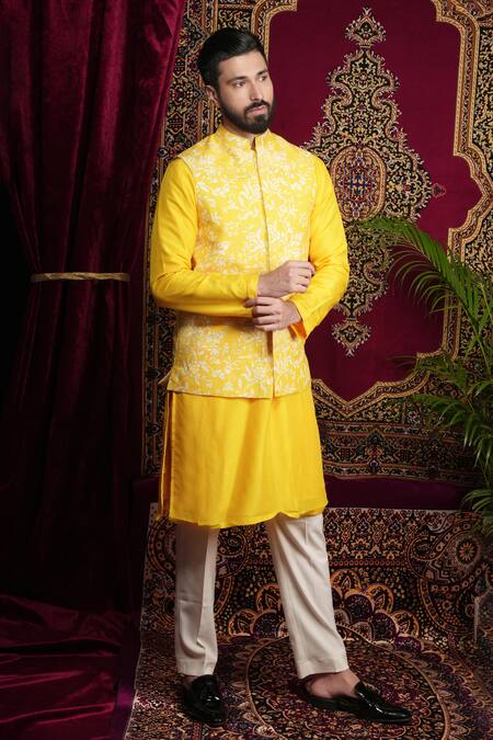 Shop Sven Suits Yellow Faux Leather Embroidery, Sequins Floral Vine Lazer Cut Bundi Kurta Set Online at Aza Fashions Shop_Sven Suits_Yellow Faux Leather Embroidery, Sequins Floral Vine Lazer Cut Bundi Kurta Set _Online_at_Aza_Fashions