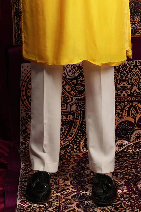 Sven Suits Yellow Faux Leather Embroidery, Sequins Floral Vine Lazer Cut Bundi Kurta Set at Aza Fashions Sven Suits_Yellow Faux Leather Embroidery, Sequins Floral Vine Lazer Cut Bundi Kurta Set _at_Aza_Fashions